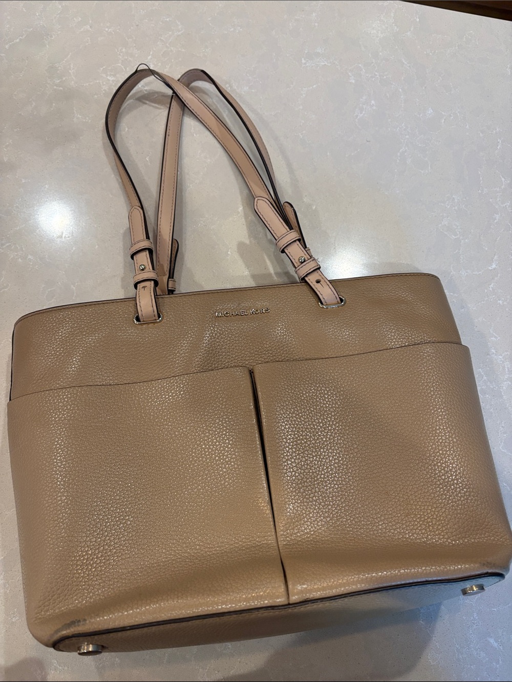 MICHAEL Michael Kors Taupe Pebbled Leather Tote with Dual Front Pockets